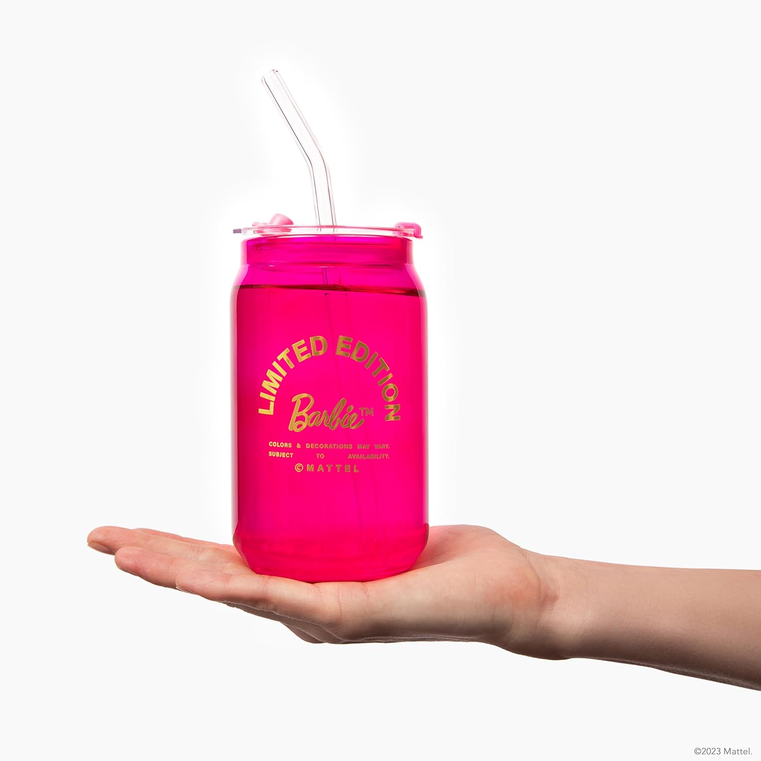 Dragon Glassware x Barbie – Vasos de vidrio con forma de lata de 16 onzas con tapas y pajitas, juego de 4 tazas para café helado con tapas, vaso de