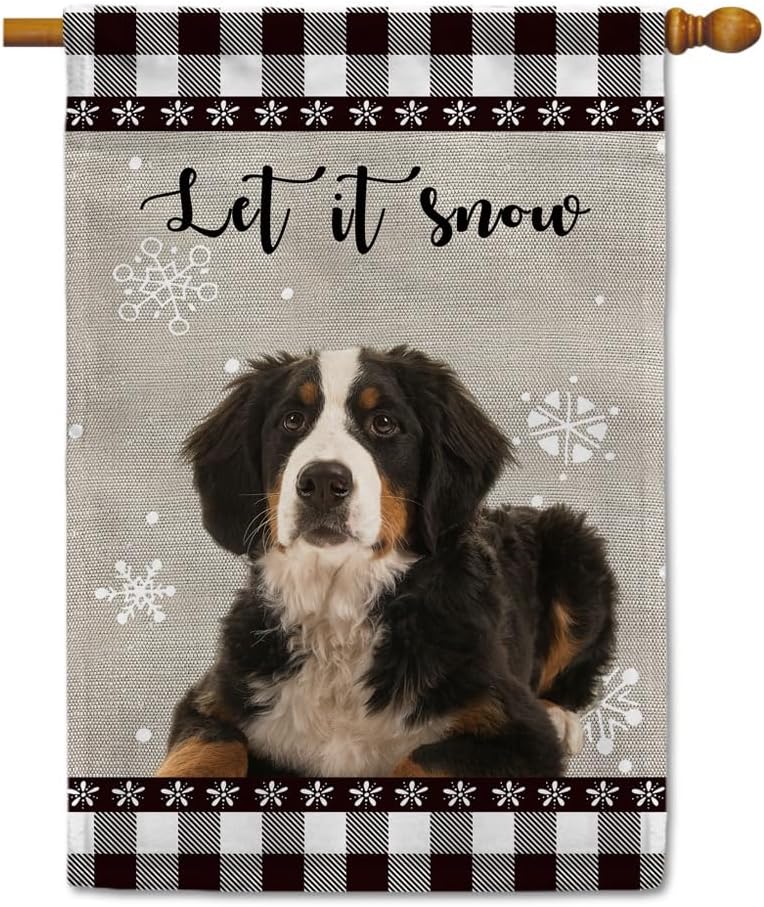 Let It Snow Dog – Bandera de invierno para casa de invierno, bandera de montaña bernés, copo de nieve, búfalo, cuadros, Navidad, decoración de