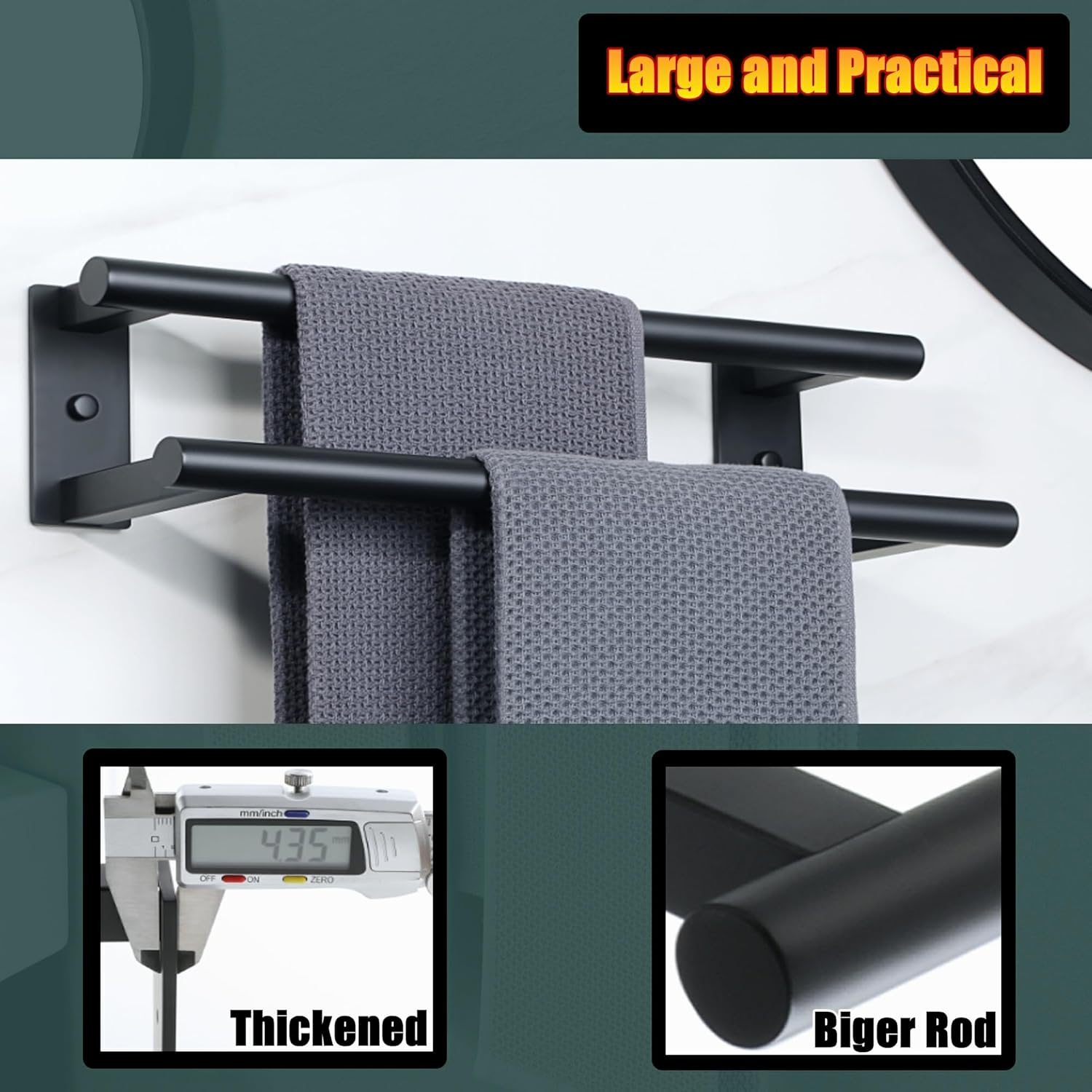 Alise Toallero doble de baño, toallero negro mate para baño, toallero de montaje en pared, toallero de acero inoxidable SUS304 resistente, GDL7400-B