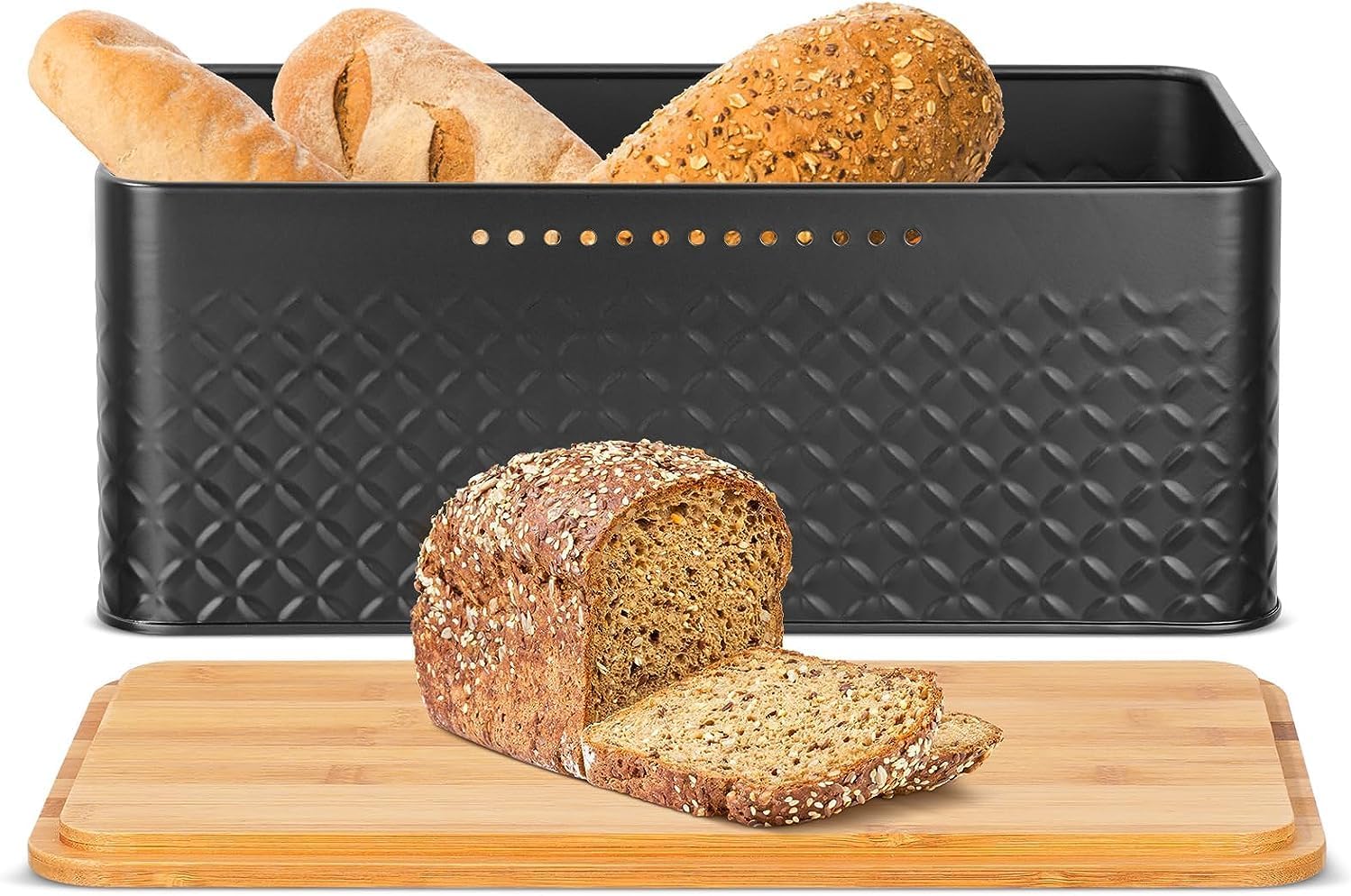 Widousy Panera con tapa de bambú, caja de almacenamiento de pan negro, contenedor para pan para organizador de almacenamiento de encimera de cocina
