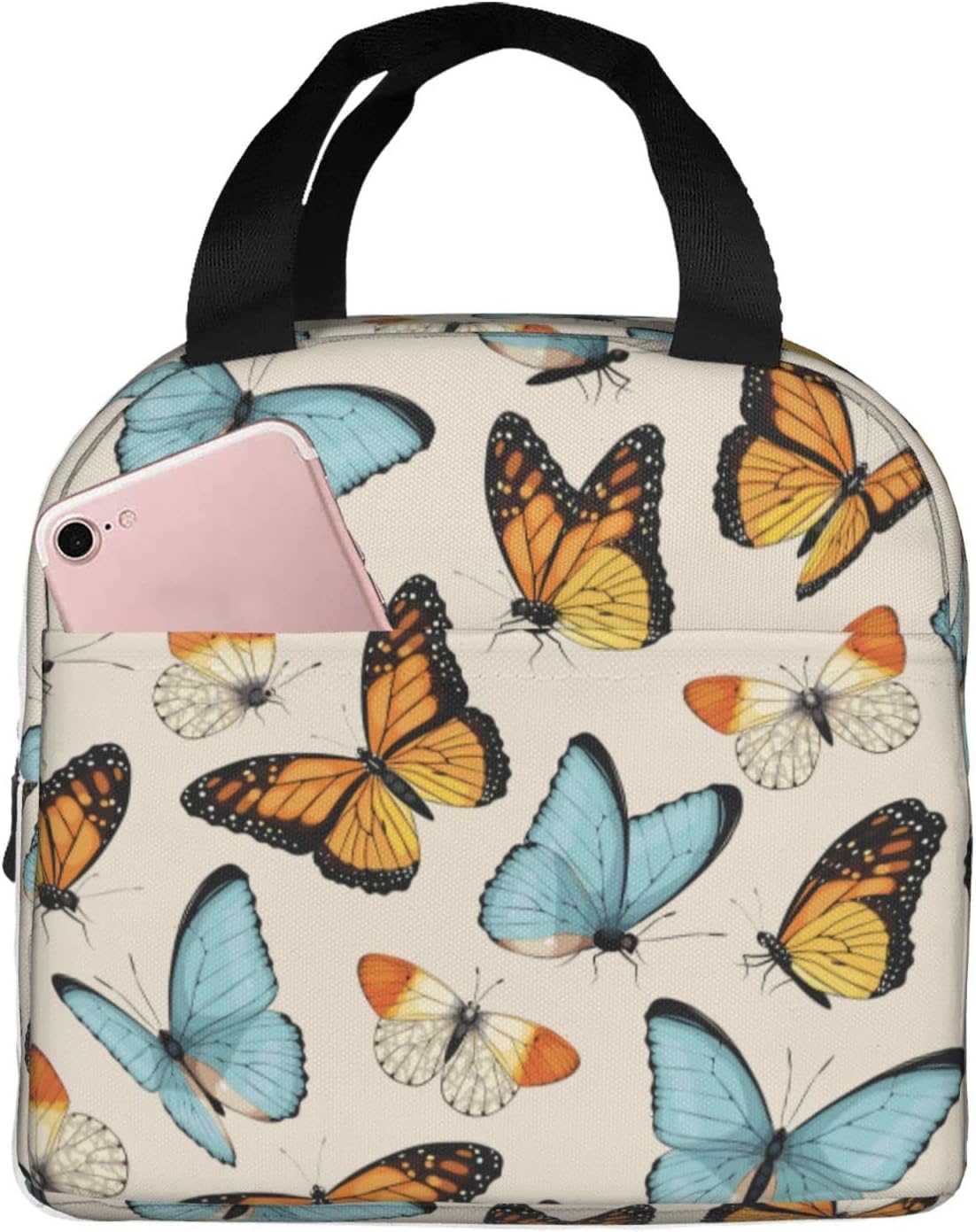 Lonchera vintage retro con diseño de mariposa aislada, reutilizable, impermeable, portátil, para hombres, mujeres, niñas y niños