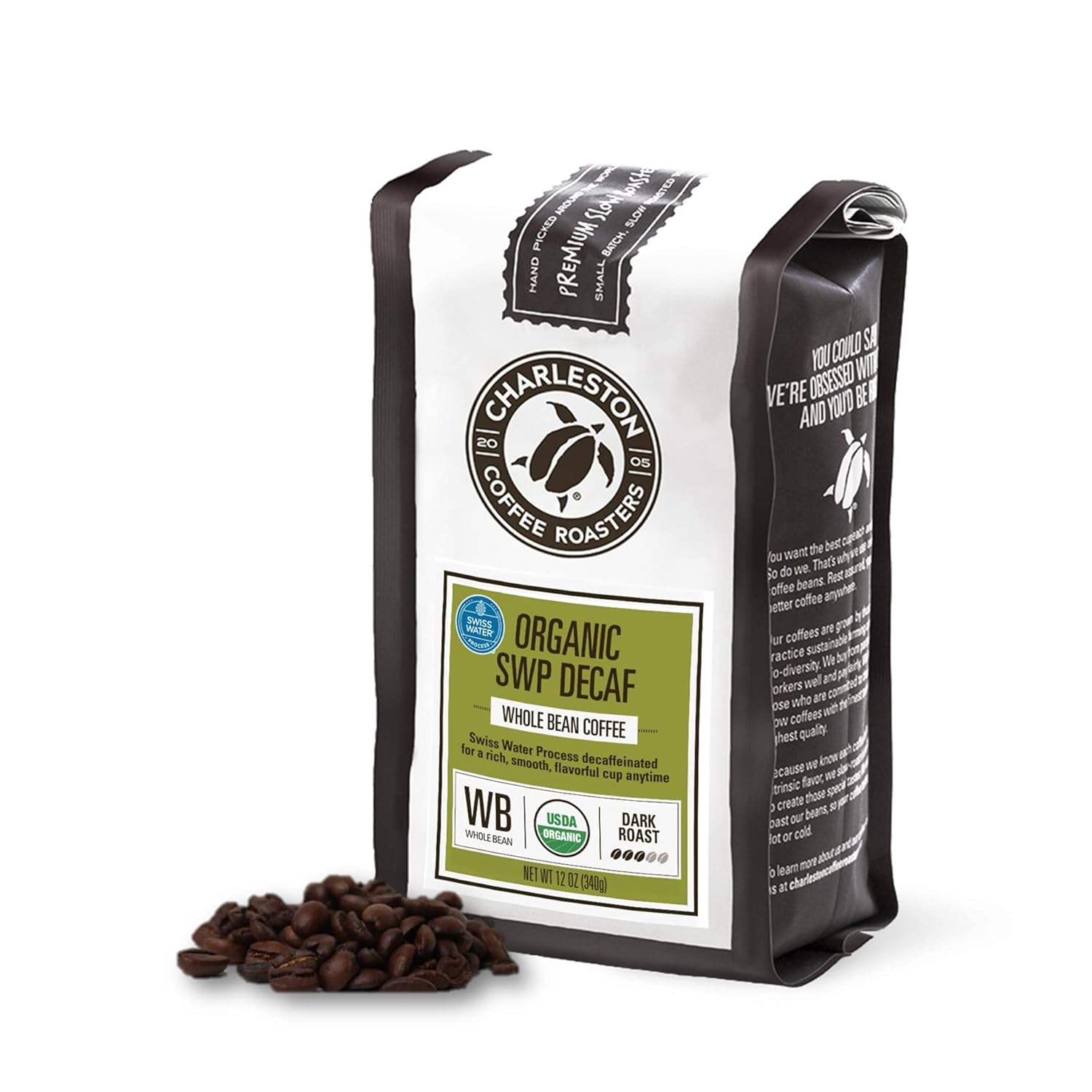 Charleston Coffee Roasters  Café de grano entero orgánico especial  Recogido a mano, tostado lento premium (SWP descafeinado, tostado oscuro) 12