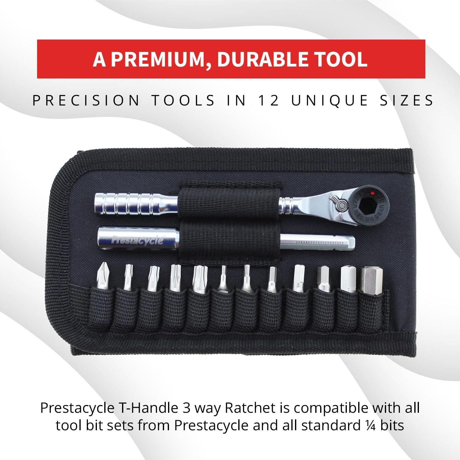 Prestacycle Pro – Juego de trinquete con mango en T, kit de herramientas de brocas hexagonales de 12 piezas y trinquete de 3 vías, soporte compacto