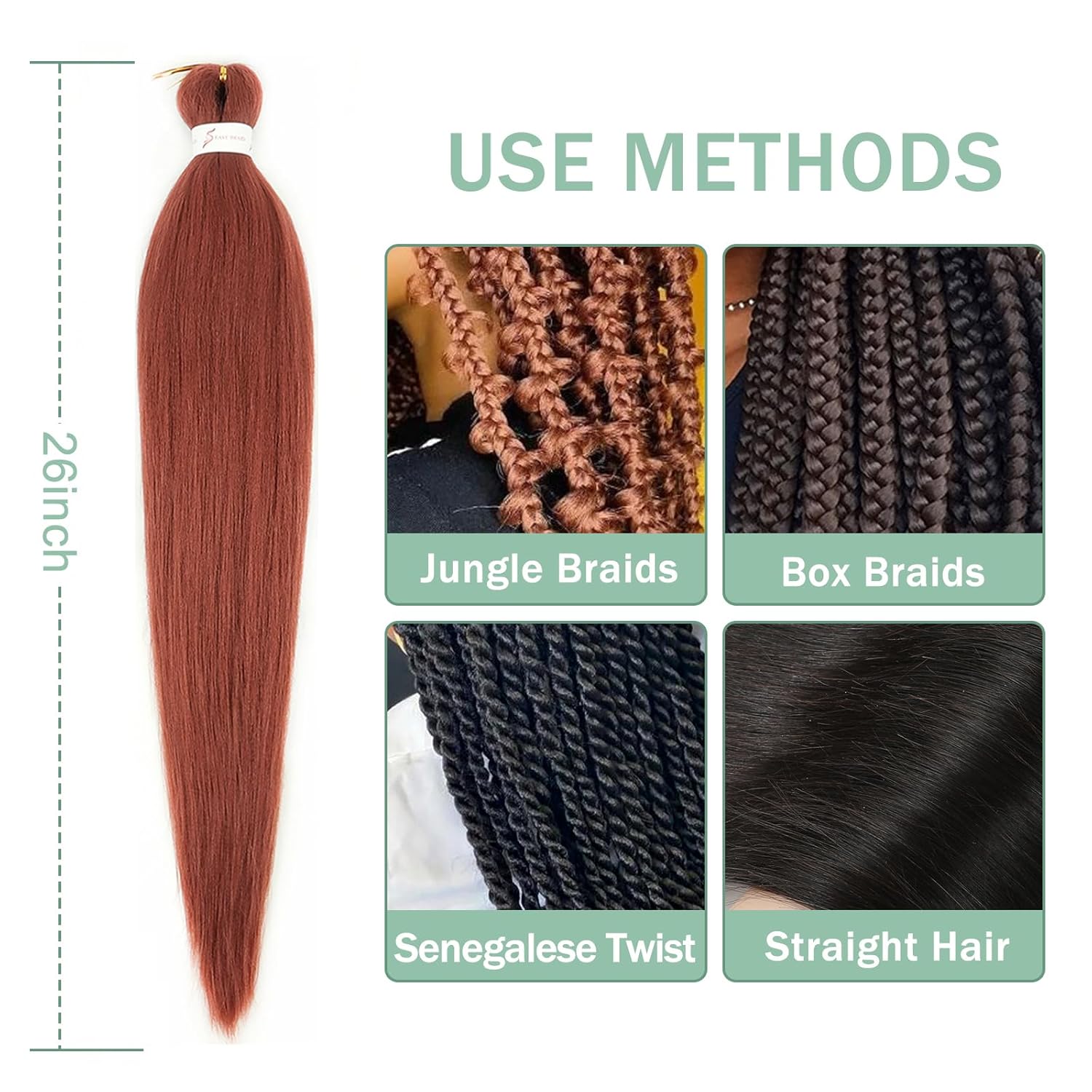 Cabello trenzado de jengibre preestirado de 26 pulgadas, 3 paquetes de 350 # rojo cobre Kanekalon preestirado, cabello trenzado EZ, textura Yaki,