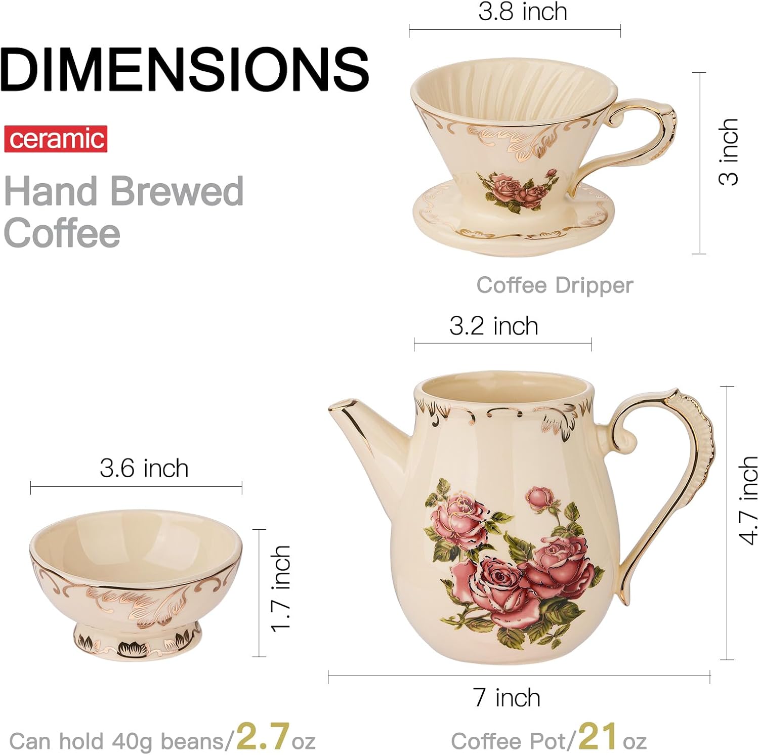 YOLIFE Floarl – Juego de gotero de café, cafetera de cerámica con diseño de cono, 1 taza, regalo para mujeres (rosa)