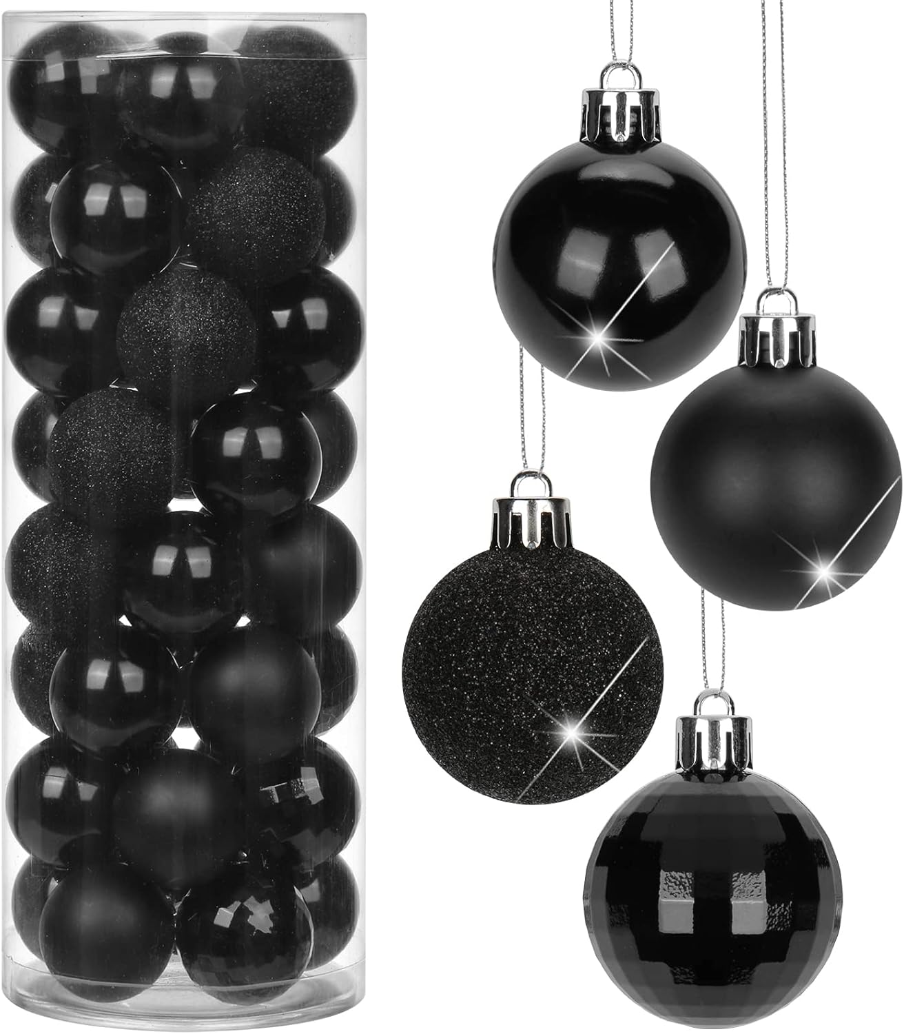 Adornos de bolas de Navidad negras de 1.57 pulgadas, 40 piezas inastillables, juego de adornos de bolas de Halloween, adornos negros para árbol de