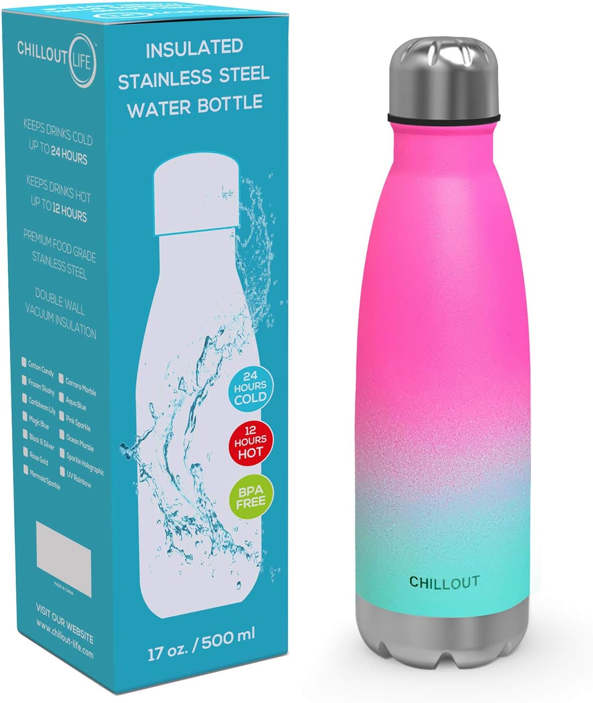 CHILLOUT LIFE – Botella de agua infantil. de acero inoxidable para la escuela, con aislamiento de doble pared, en forma de botella de refresco,
