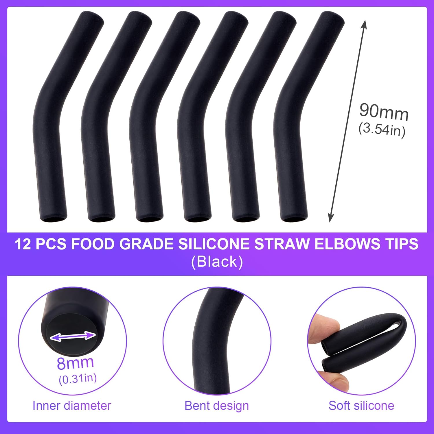 HINZIC 12 puntas de silicona reutilizables para pajitas de goma de grado alimenticio, codo flexible negro, punta de repuesto para popotes de metal