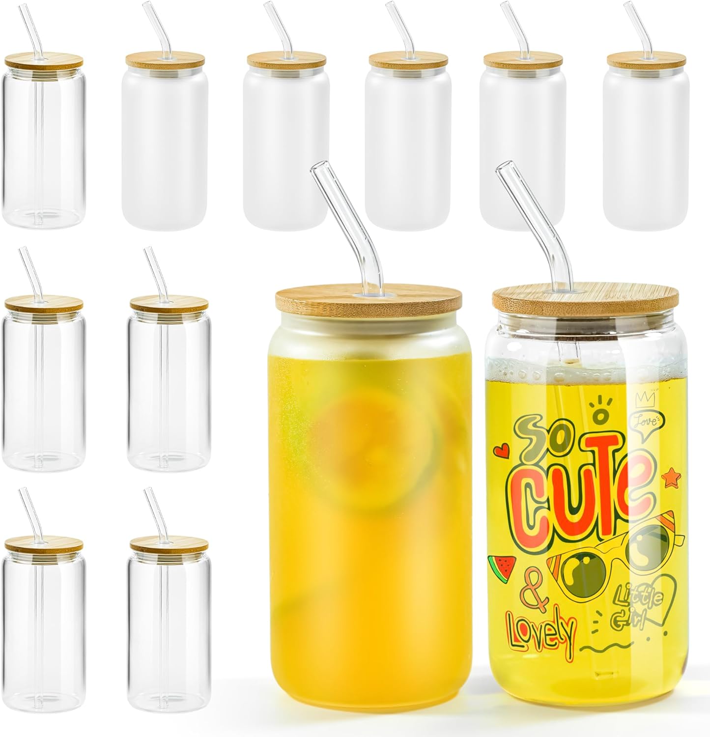 FECBK Vasos de vidrio de sublimación de 16 onzas con forma de lata de sublimación con tapa de bambú, popote de vidrio y cepillo de limpieza, lata de