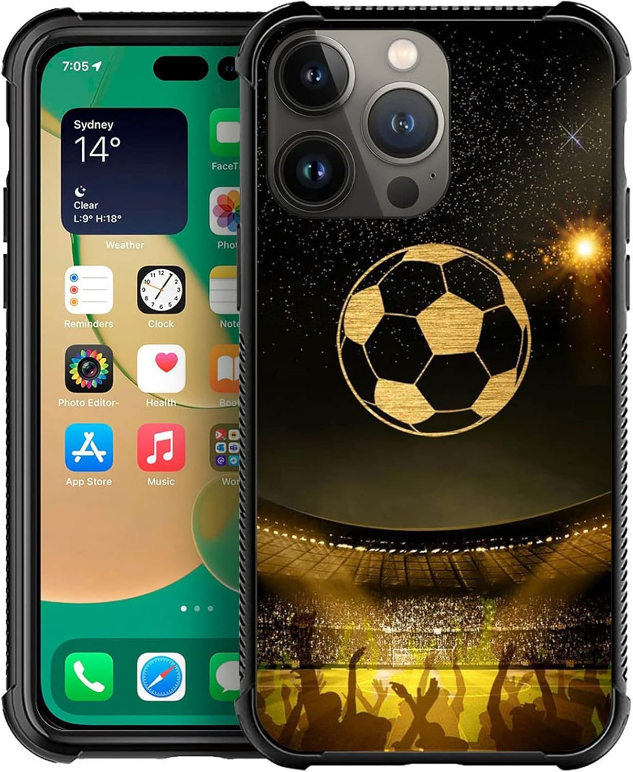 Funda compatible con iPhone 14 Plus, para deportes de estadio de fútbol, TPU suave, a prueba de golpes, de vidrio templado, para iPhone 14 Plus