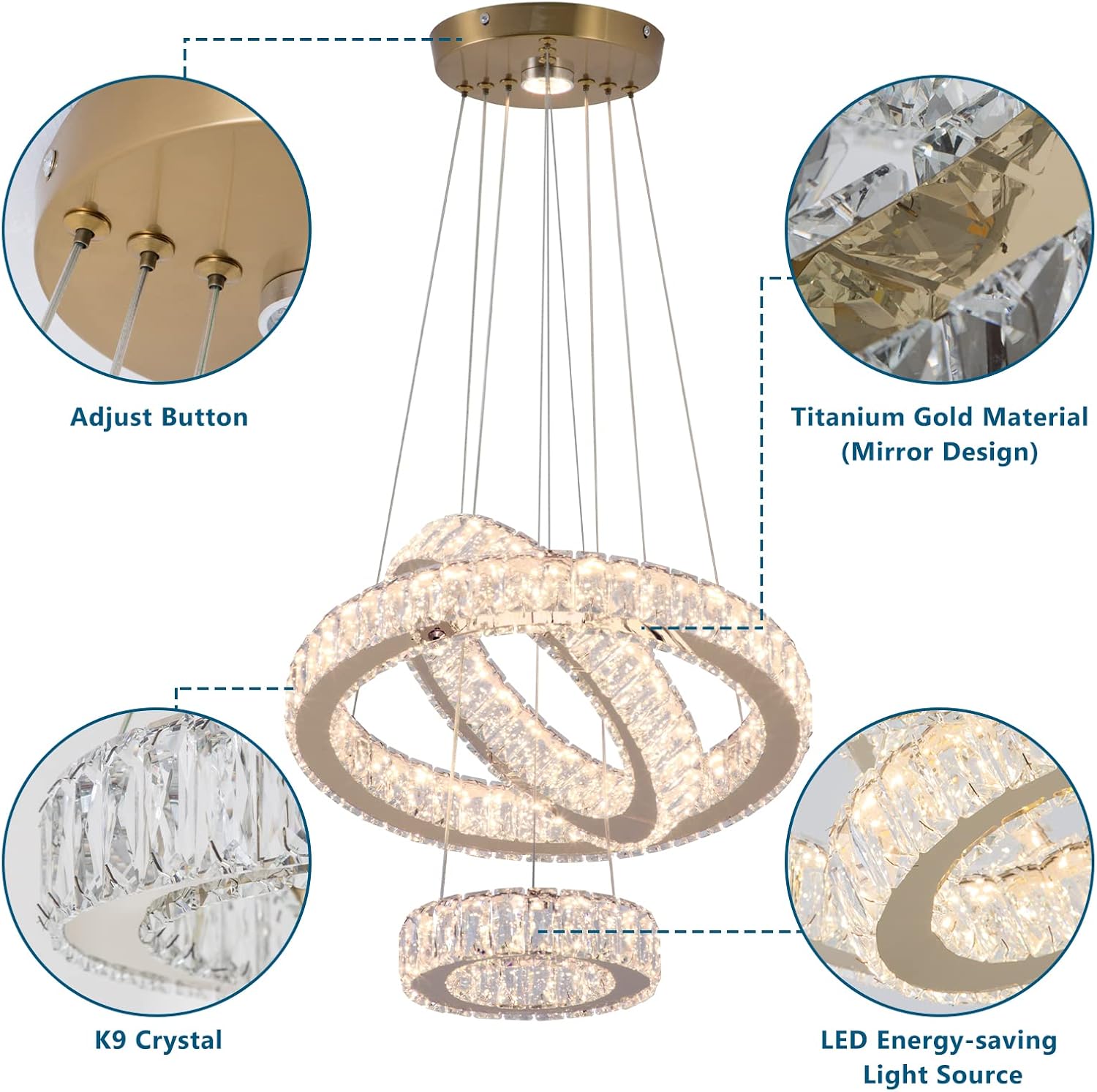 FRIXCHUR Candelabro LED de 3 anillos, modernos candelabros de cristal, luces colgantes ajustables, luces de techo doradas para dormitorio, comedor