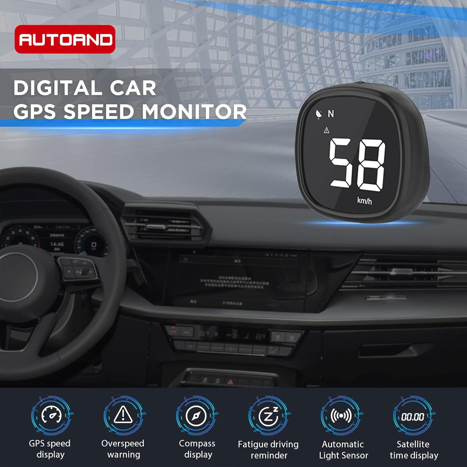 AUTOAND Car GPS Speedometer with Digital HUD Display, Off-Road Real Time Speed Monitor with Overspeed and Fatigue Driving Reminders for All
