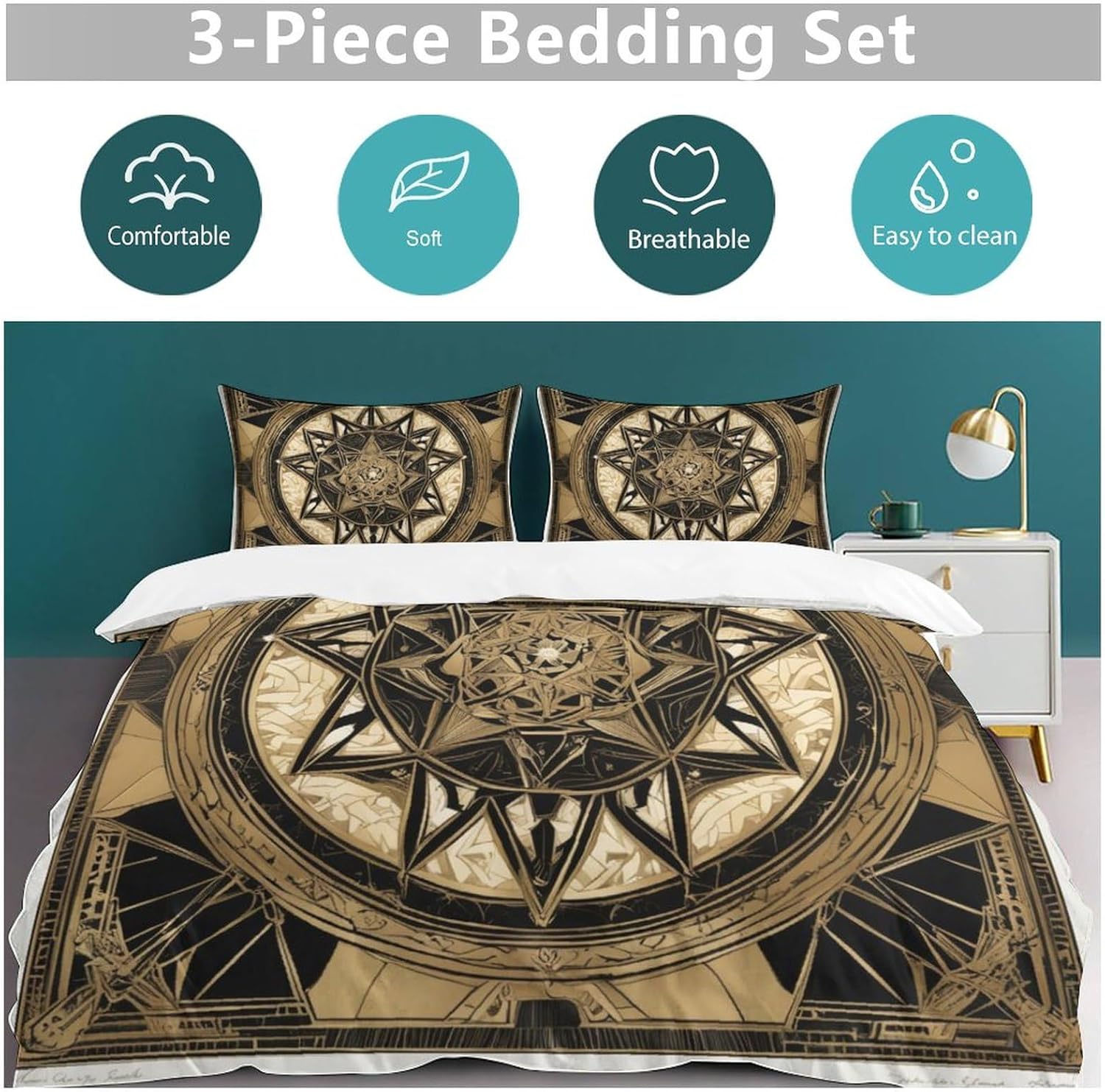 ZGDPBYF Juego de colcha de tamaño Queen, diseño de estrellas de cinco puntas, color negro y dorado, diseño geométrico bohemio para todas las