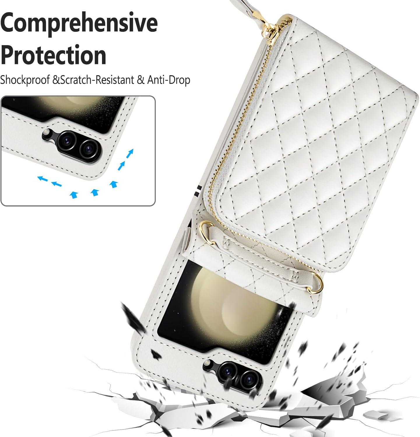 Vofolen Funda para Samsung Galaxy Z Flip 5 con tarjetero, funda cruzada de 8 ranuras para tarjetas con correa ajustable, piel sintética suave con