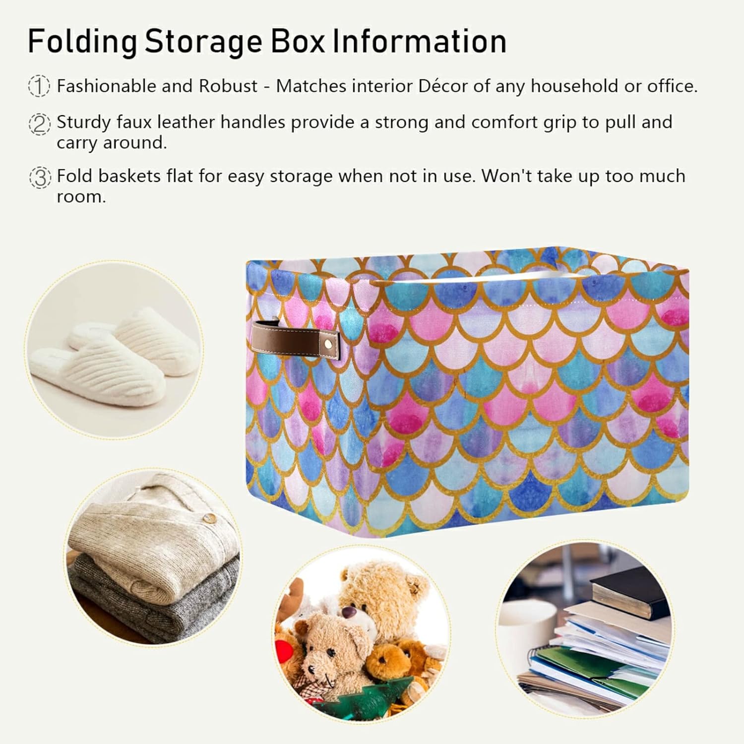 Cesta de almacenamiento rectangular  Escamas de pez sirena colorida caja de almacenamiento plegable con asas de cuero, estantes organizador para