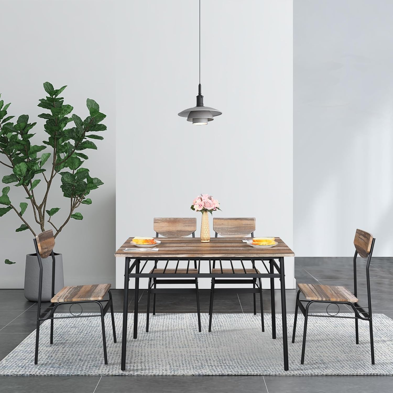 KEPOOMAN Juego de mesa de comedor de 5 piezas, mesa de cocina de metal y madera con estante de almacenamiento y 4 sillas, sillas de cocina