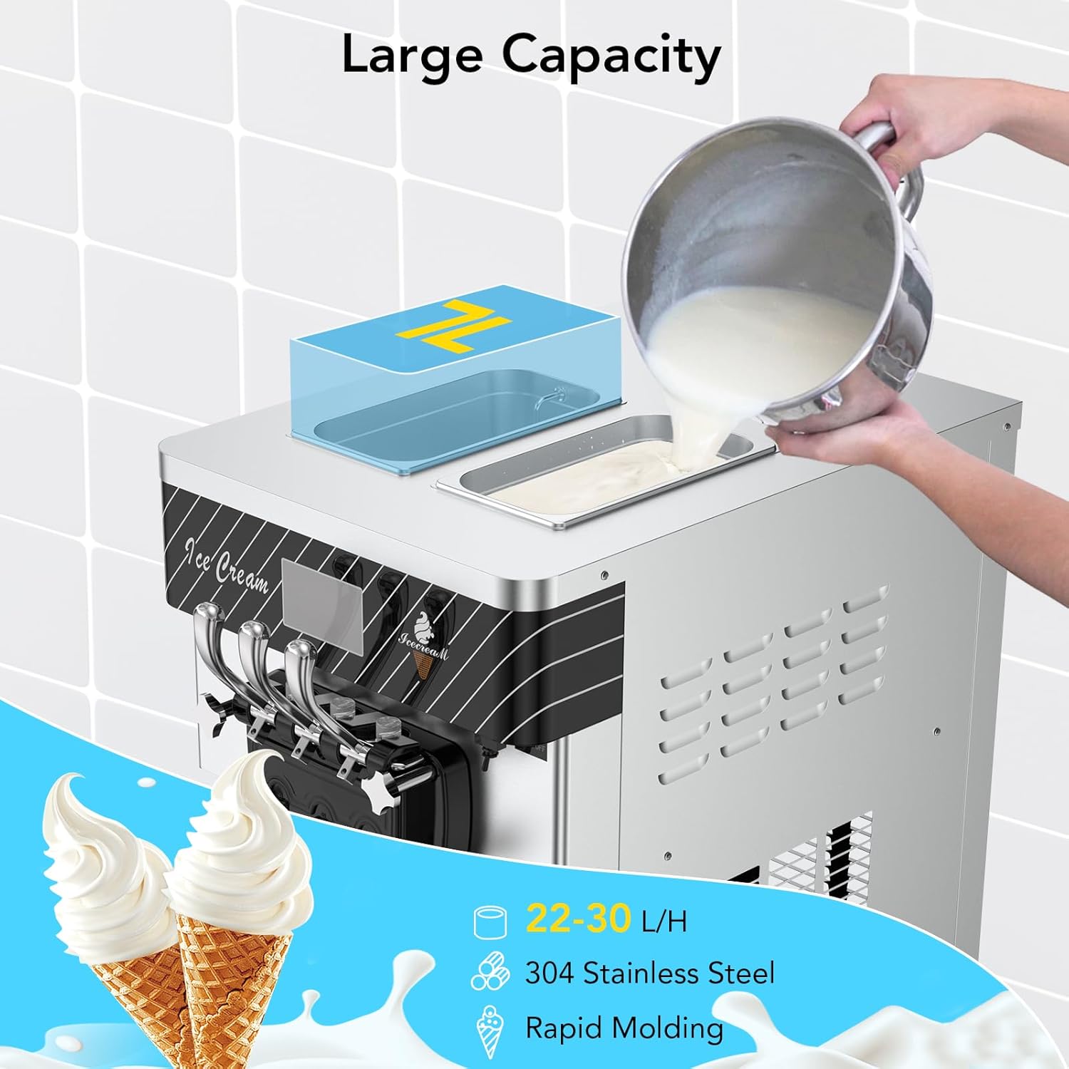 Máquina de helado comercial, rendimiento de 5.8-8 galonesH, 3 sabores para encimera, máquina de yogur de helado suave con 2 tolvas de 7 L y 2