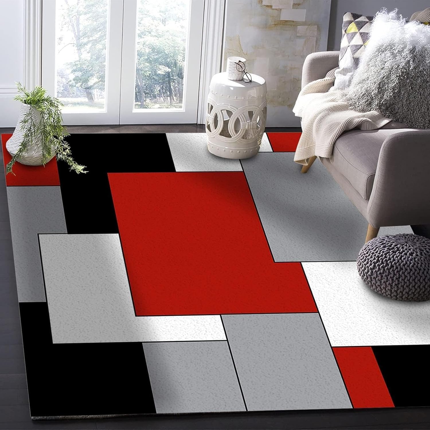 AONIGE Alfombra de área geométrica con costuras rojas, negras y grises, alfombra pequeña de figura irregular abstracta, para sala de estar,