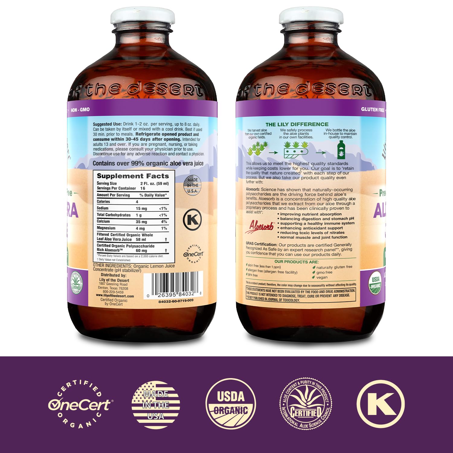Lily of the Desert Jugo de aloe vera, sin conservantes, bebida de aloe vera filtrada de hoja entera, jugo de aloe orgánico certificado por USDA para