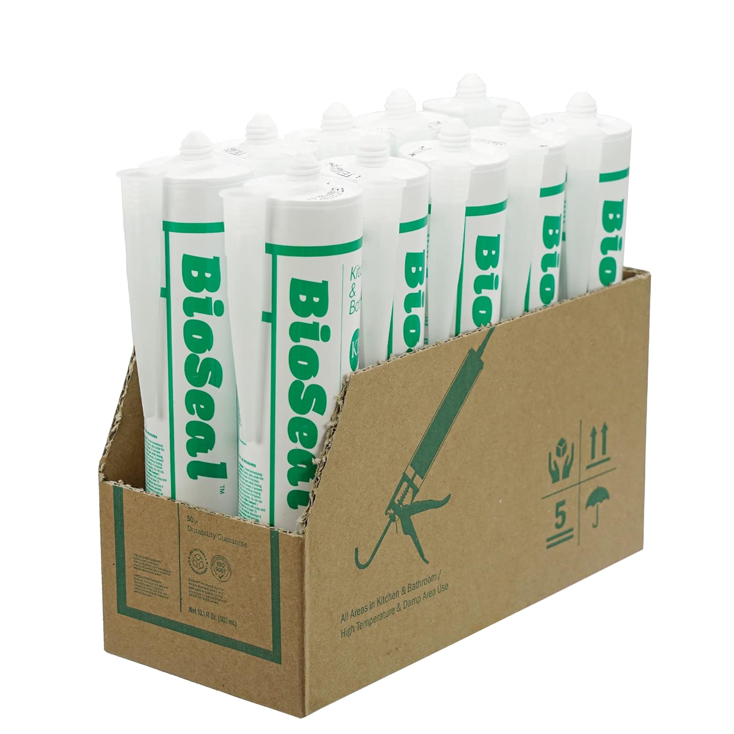 White BioSeal – Sellador de silicona para cocina y baño, resistente al agua y de bajo olor, cartucho de 10.1 onzas, color blanco (paquete de 10)