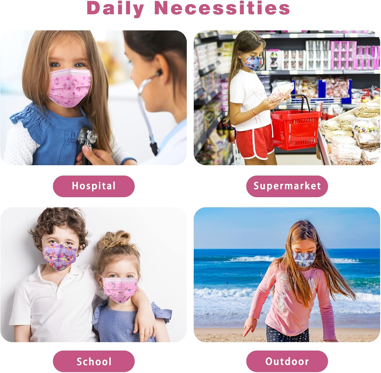 IGINOA Máscara facial para niños de 3 capas de tela transpirable segura para niñas y niños (paquete de 50)