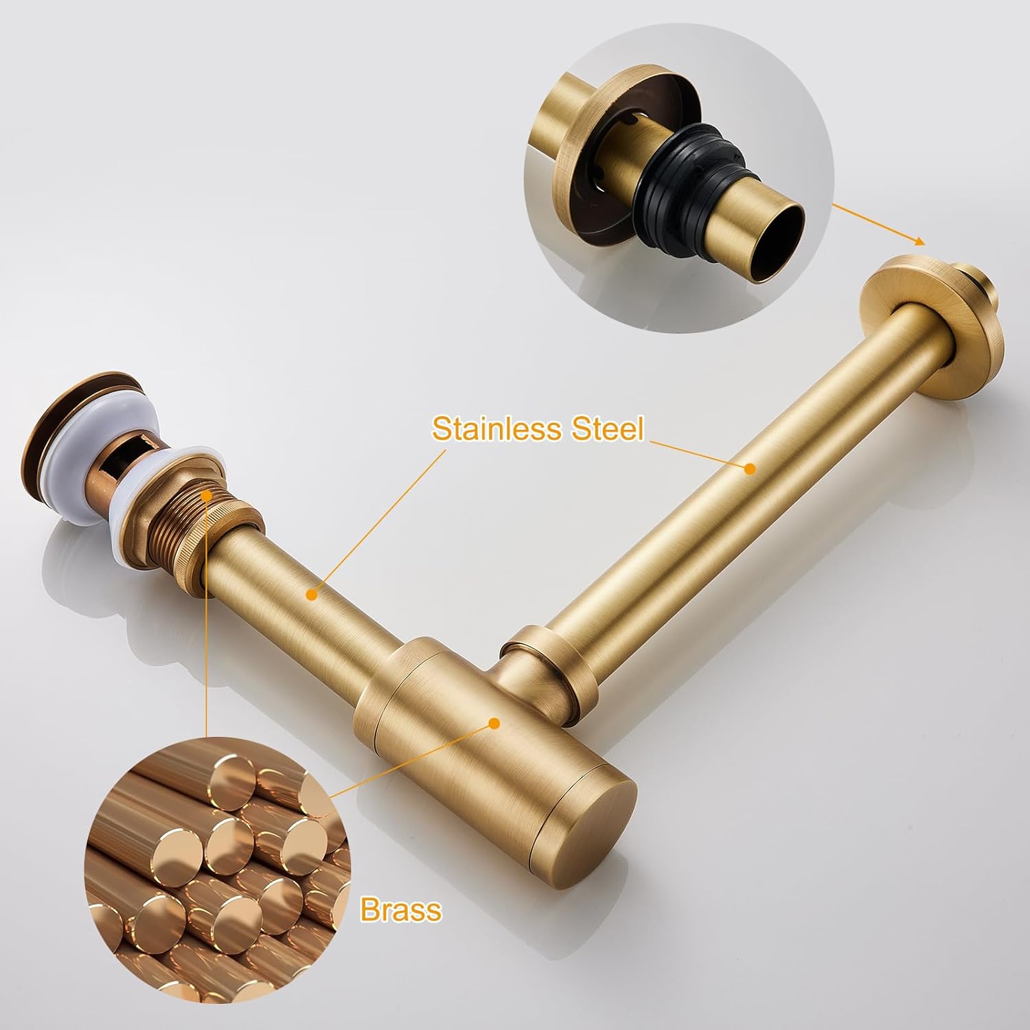 Trampa ajustable de latón macizo para botellas de 1-14 con tapón de drenaje de desbordamiento, juego completo de trampa en P para fregadero de baño,