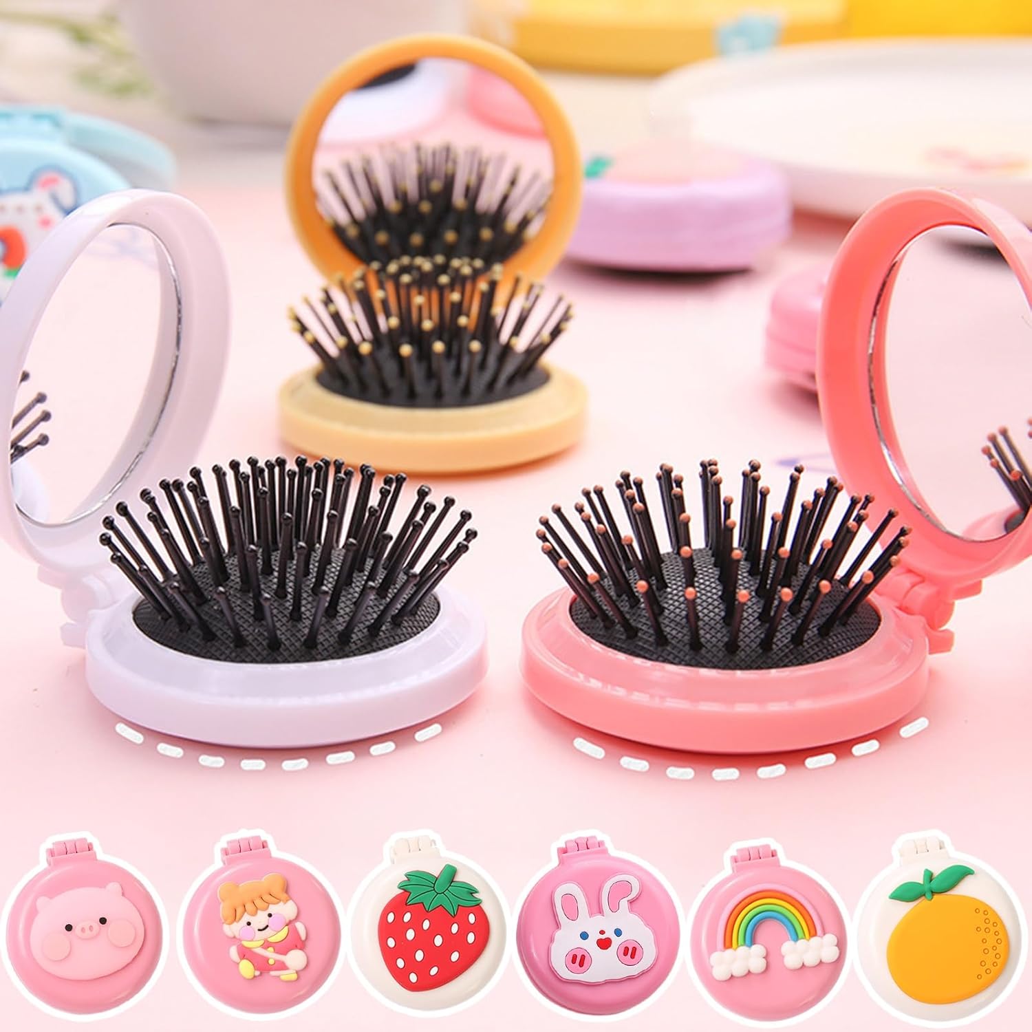 Cepillo de pelo de viaje, peine de bolsillo con mini espejo, cepillos de pelo plegables compactos, redondos, mini peine de masaje compacto para