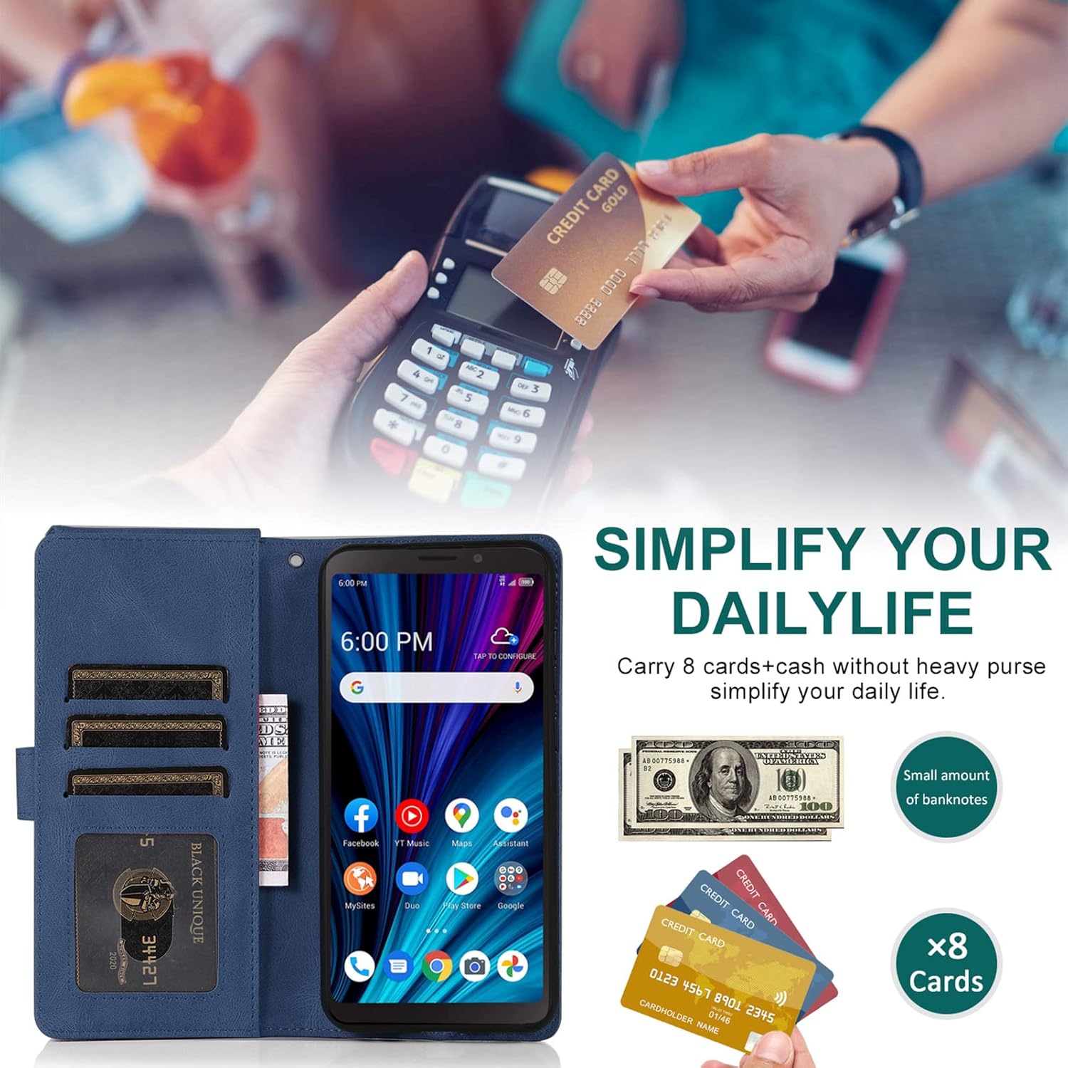 Compatible con Alcatel TCL A3X A600DL – Funda tipo cartera de vidrio templado, protector de pantalla de vidrio templado, con cremallera, funda de