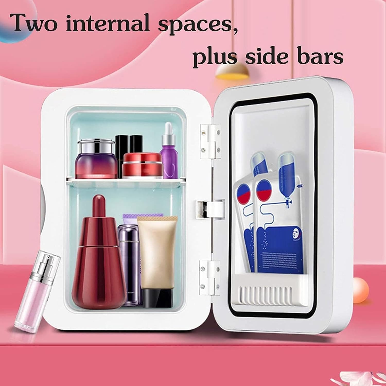 ROLTIN Mini refrigerador con luces LED, con espejo LED, mini refrigerador de maquillaje de capacidad de 8 litros, caliente y frío, refrigerador de