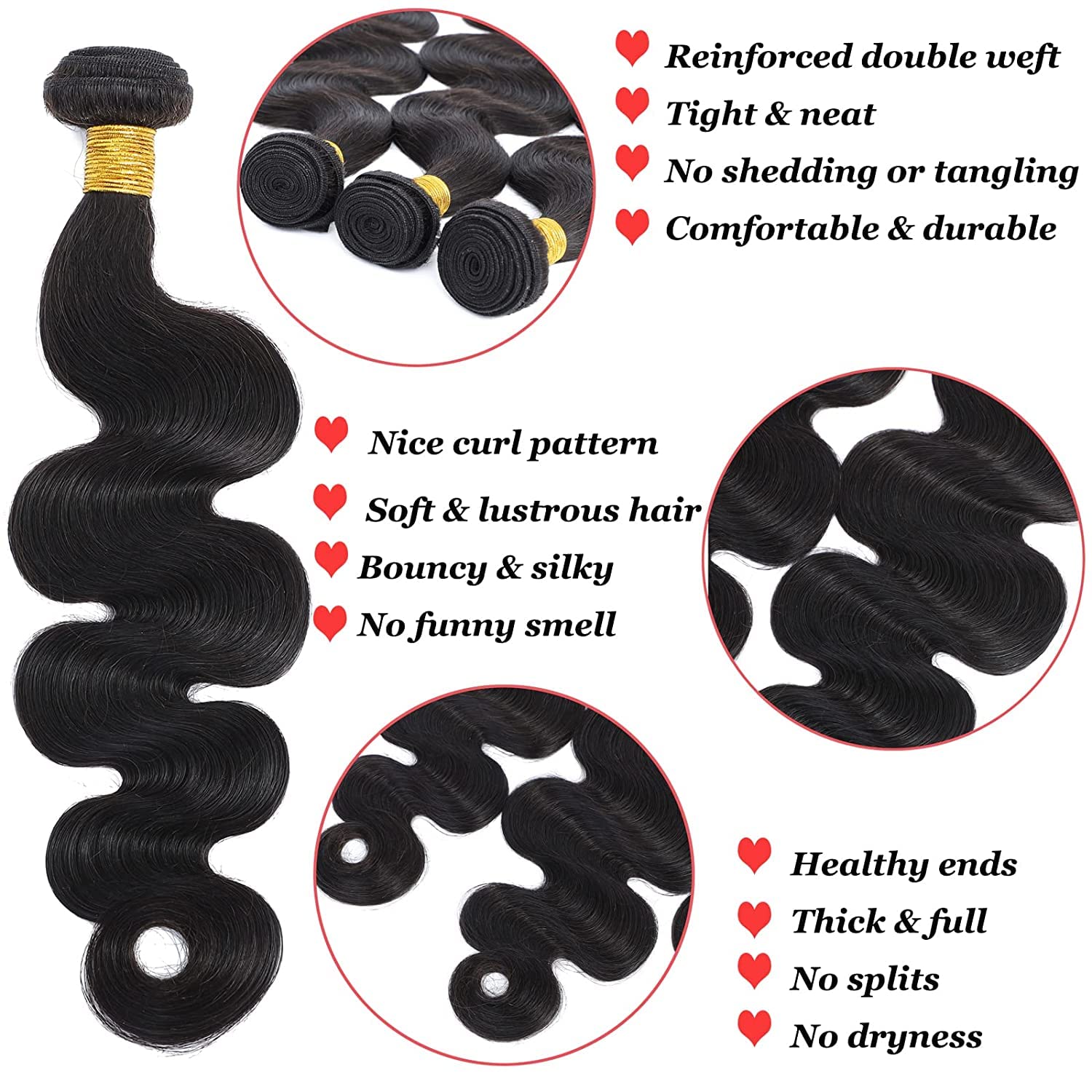 Paquetes de cabello humano ondulado de 16, 16, 16, 16 pulgadas, paquetes de cabello humano grado 10A, 100% sin procesar, cabello virgen brasileño,