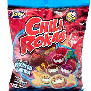 Chili Rokas, caramelos duros de sabores surtidos, relleno de chile Chili Rokas, caramelos duros de sabores surtidos, relleno de chile