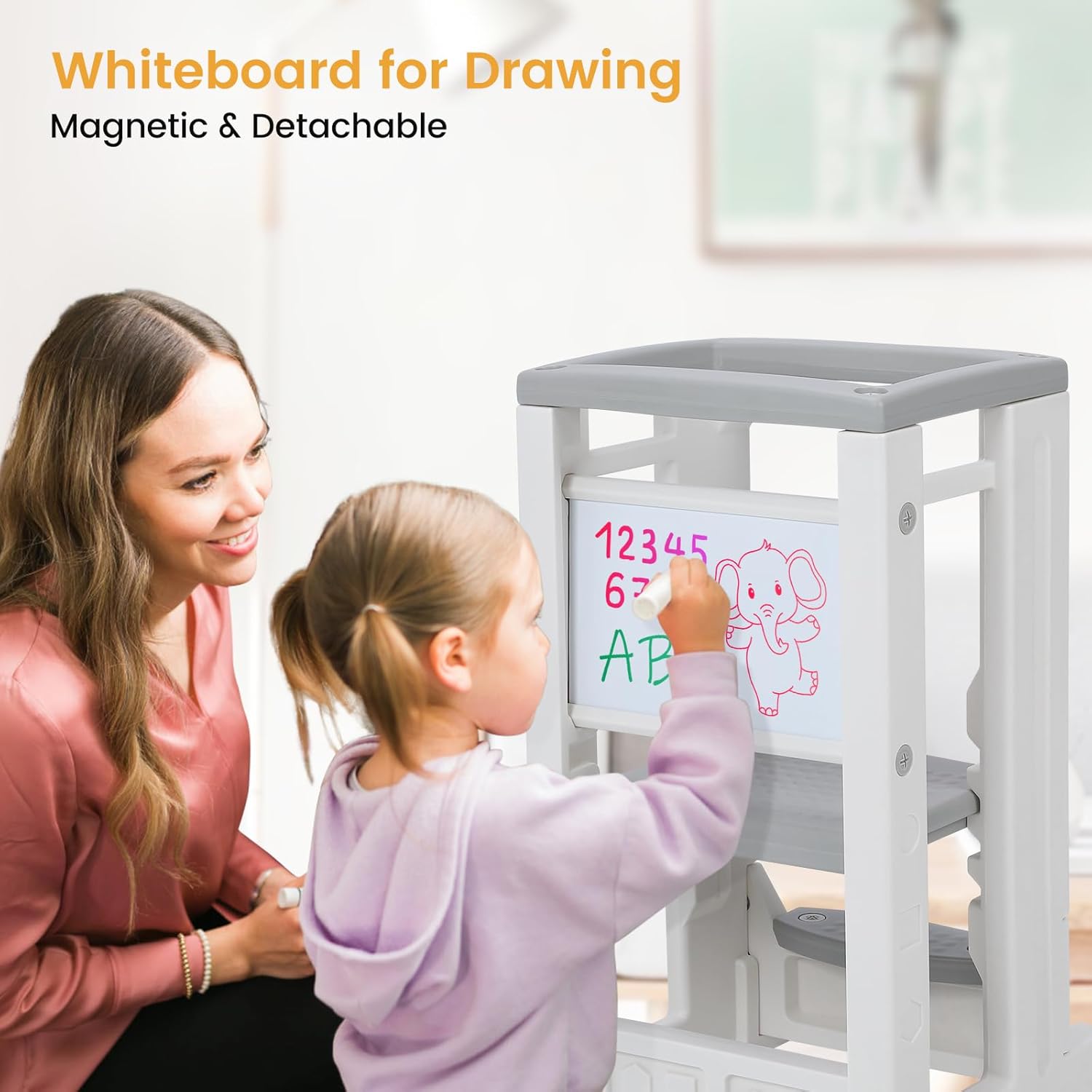 Taburete de cocina para niños con pizarra blanca, torre para niños pequeños con 4 alturas ajustables y riel de seguridad, taburete de aprendizaje