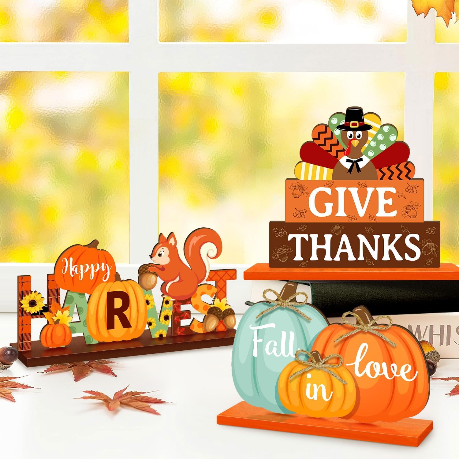 3 carteles de mesa de decoración de Acción de Gracias, letreros de mesa de otoño, centros de mesa, pavo, calabazas, letreros decorativos de madera,