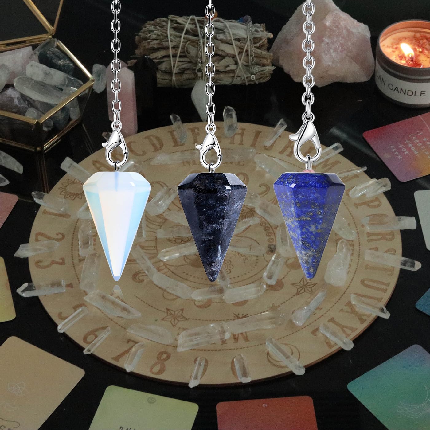 DUQGUHO Juego de 3 péndulos de cristal, accesorios Wiccan, herramientas de adivinación, ópalo natural, labradorita, lapislázuli, cristal curativo,