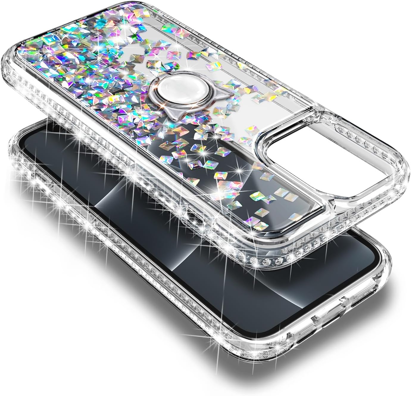 NGB Supremacy Funda compatible con iPhone 15 con protector de pantalla de vidrio templado, soporte de anillocorrea de muñeca, brillante con