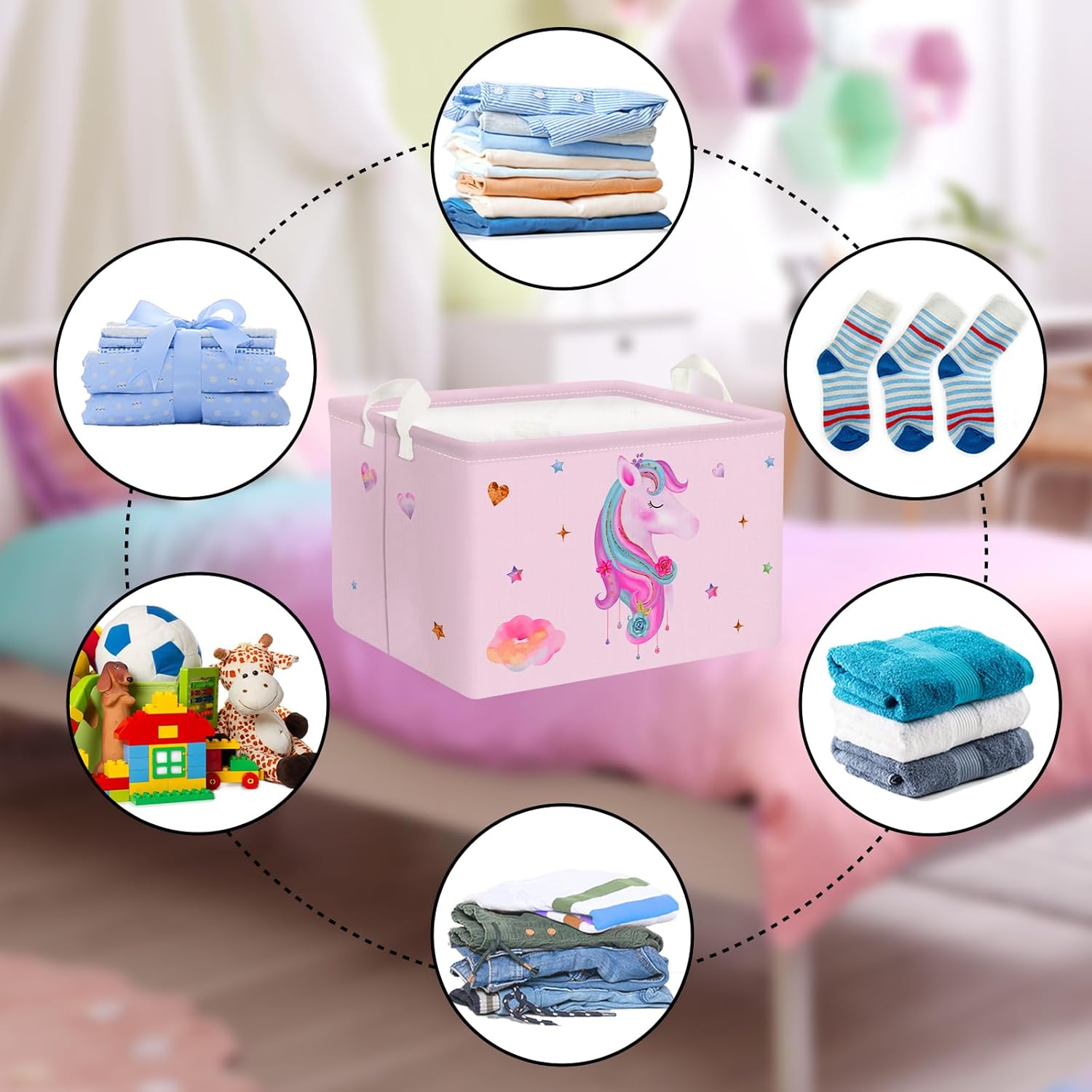 Clastyle Cesta rectangular de unicornio rosa para niñas, con diseño de estrella de nube, corazón, para baby shower, ropa, toalla, libro, juguetes,