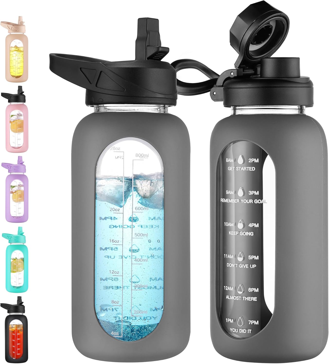 CIVAGO Botella de agua de vidrio de 32 onzas con popote y asa, botella de agua motivacional deportiva grande con marcador de tiempo y 2 tapas, jarra