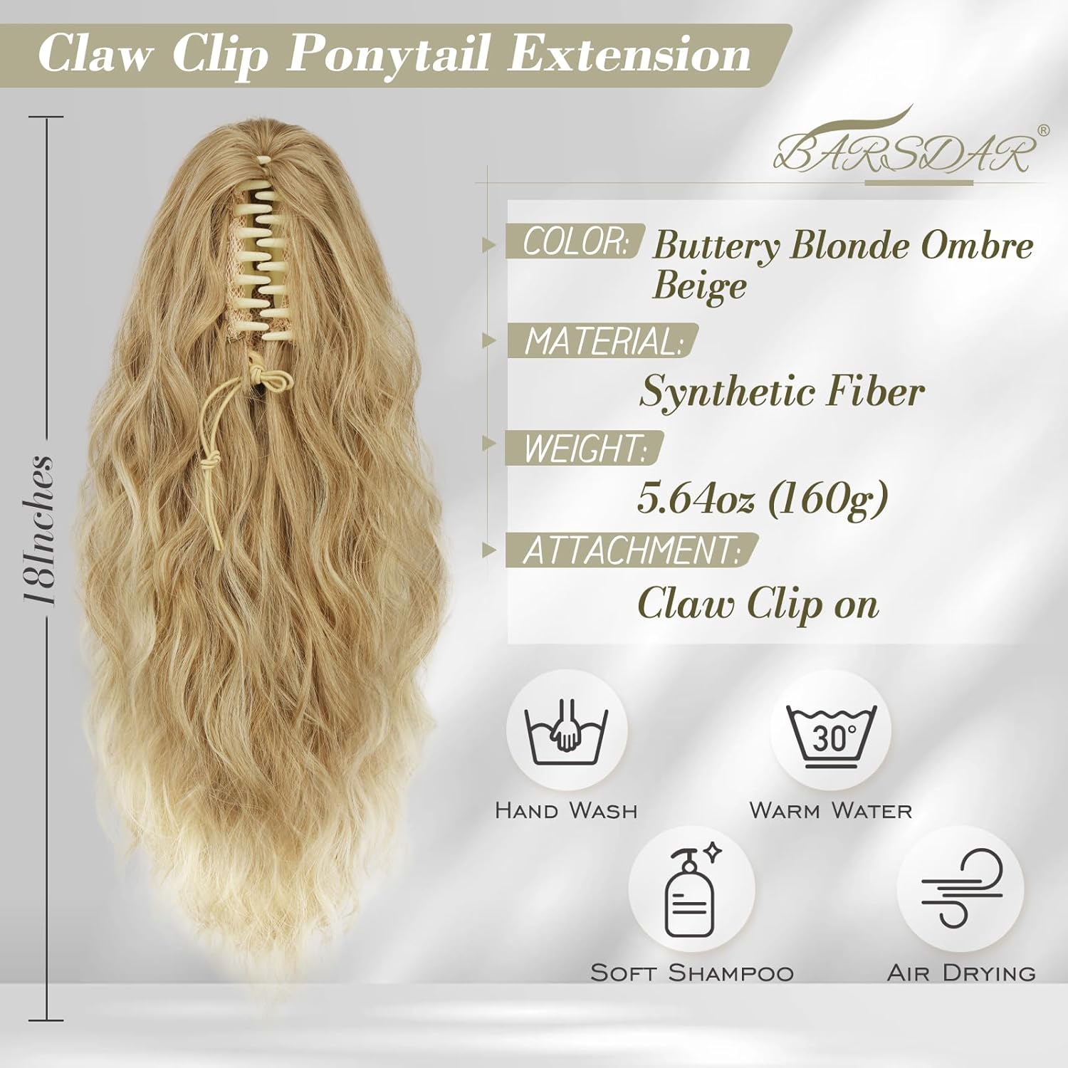BARSDAR Extensión de cola de caballo rubia, extensiones de cola de caballo con clip de garra de 18 pulgadas para mujer, extensiones de cola de
