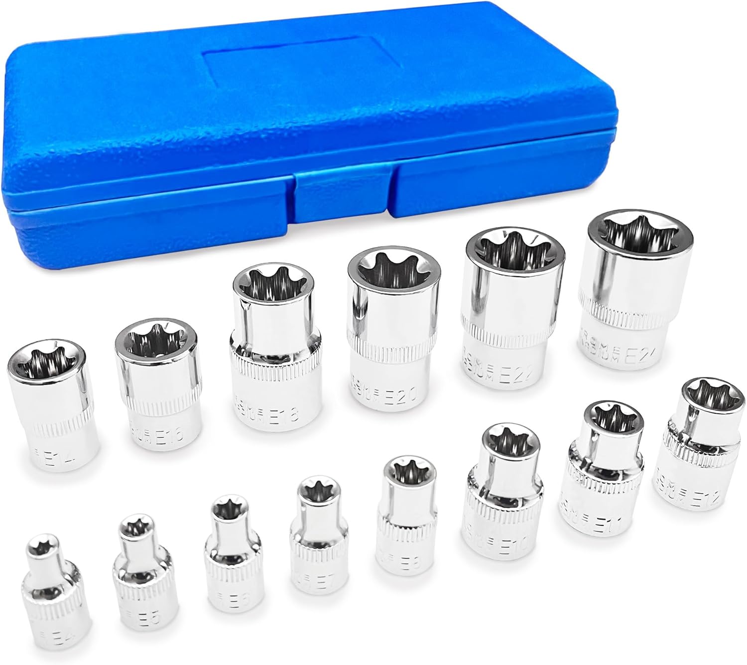 Juego de llaves hembra E-Torx, acero Cr-V  14 piezas de par externo E4 – E24 Star Socket Set  14″, 38″ y 12″