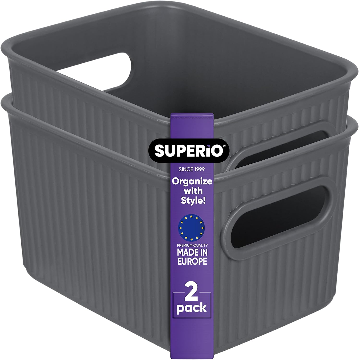 Superio Ribbed Collection  Canastas organizadoras de plástico decorativas abiertas para el hogar, pequeñas cajas de contenedores grises (paquete de