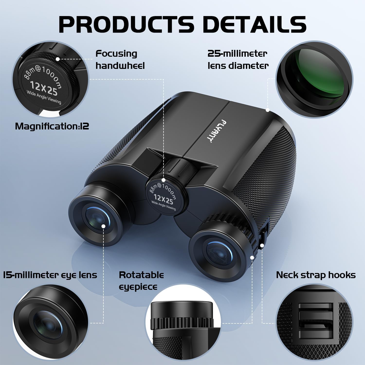 Prismáticos de alta potencia de 12 x 25 para adultos, prismáticos compactos impermeables con visión clara de poca luz, binoculares pequeños para