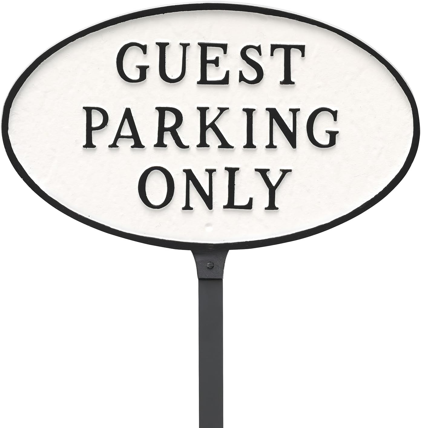 Montague Metal Products Placa ovalada de 6 x 10 pulgadas para estacionamiento de invitados con estaca de césped de 23 pulgadas, blanconegro