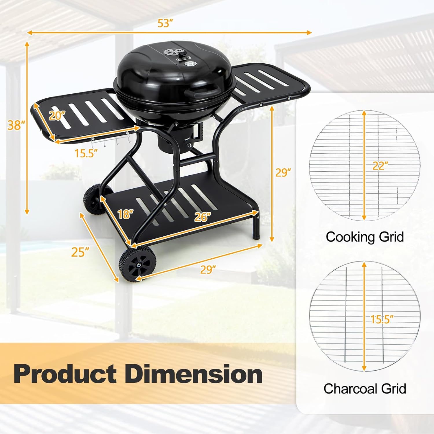 Giantex Kettle – Parrilla de carbón de 22 pulgadas, cuerpo y tapa esmaltados de porcelana, 2 mesas auxiliares con 4 ganchos, estante de