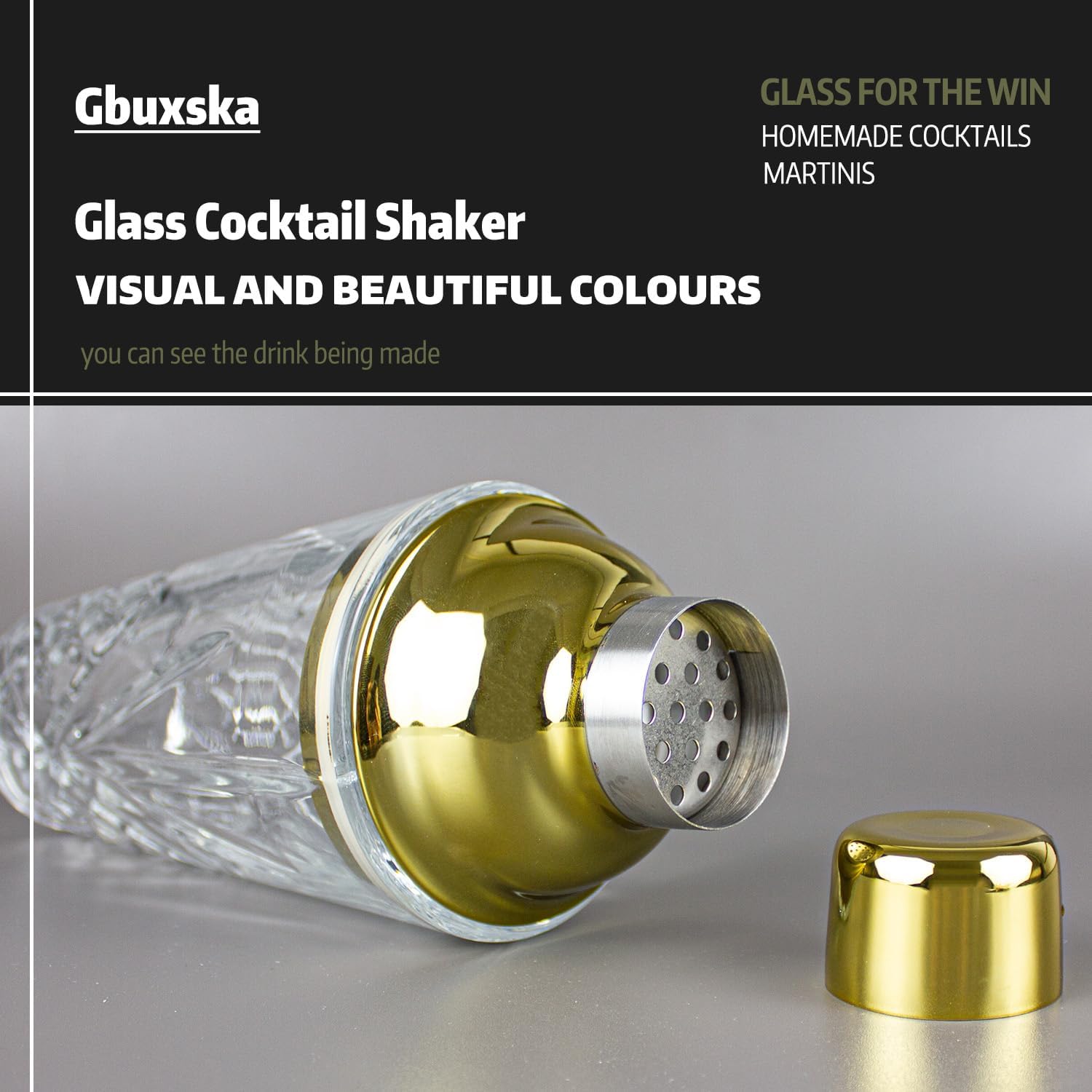 Gbuxska Coctelera de cristal, 14.5 onzas, coctelera para bares, whisky, cócteles, color dorado