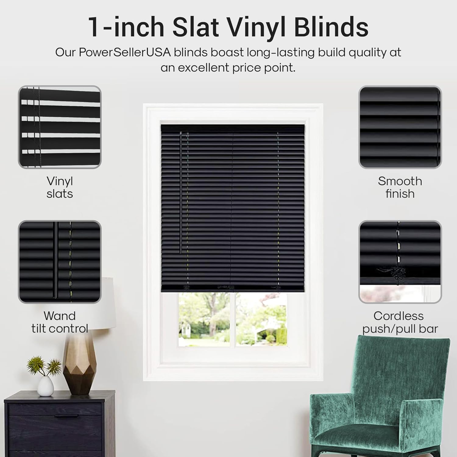 Mini persianas sin cordón para ventana, con listones de 1 pulgada para oscurecer la habitación (negro, 27 x 64 pulgadas)
