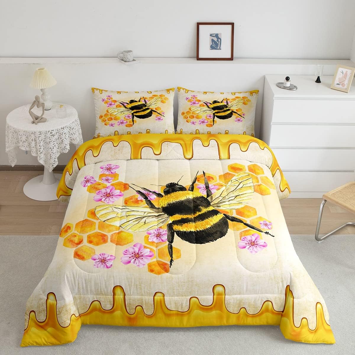 Lindo edredón de abeja con flores, juego de edredón de abeja de nido de abeja, juego de ropa de cama para niños y niñas, diseño geométrico de panal