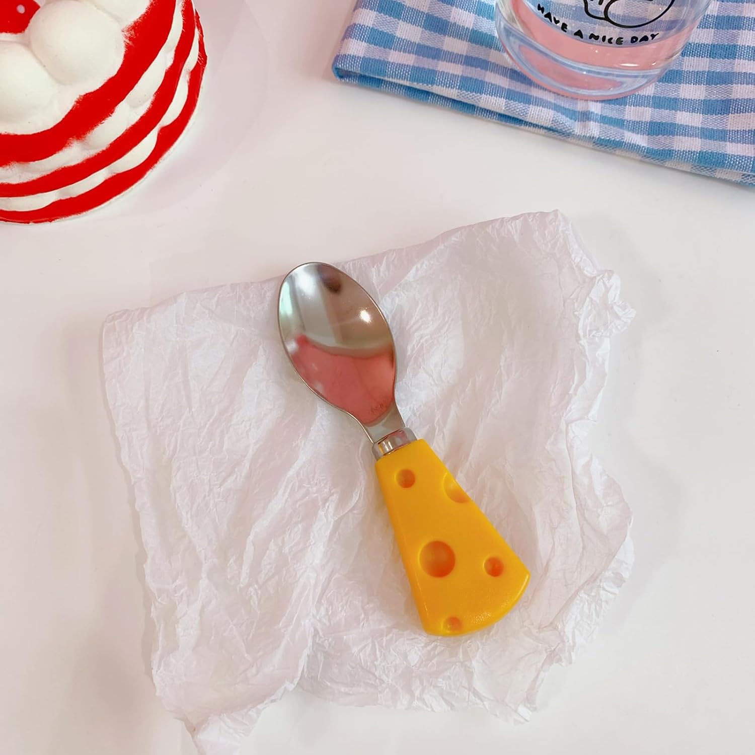 Cuchillo de queso portátil, de acero inoxidable, pequeños y lindos cuchillos de queso, tenedores de cuchara con mango de plástico, cortador de queso