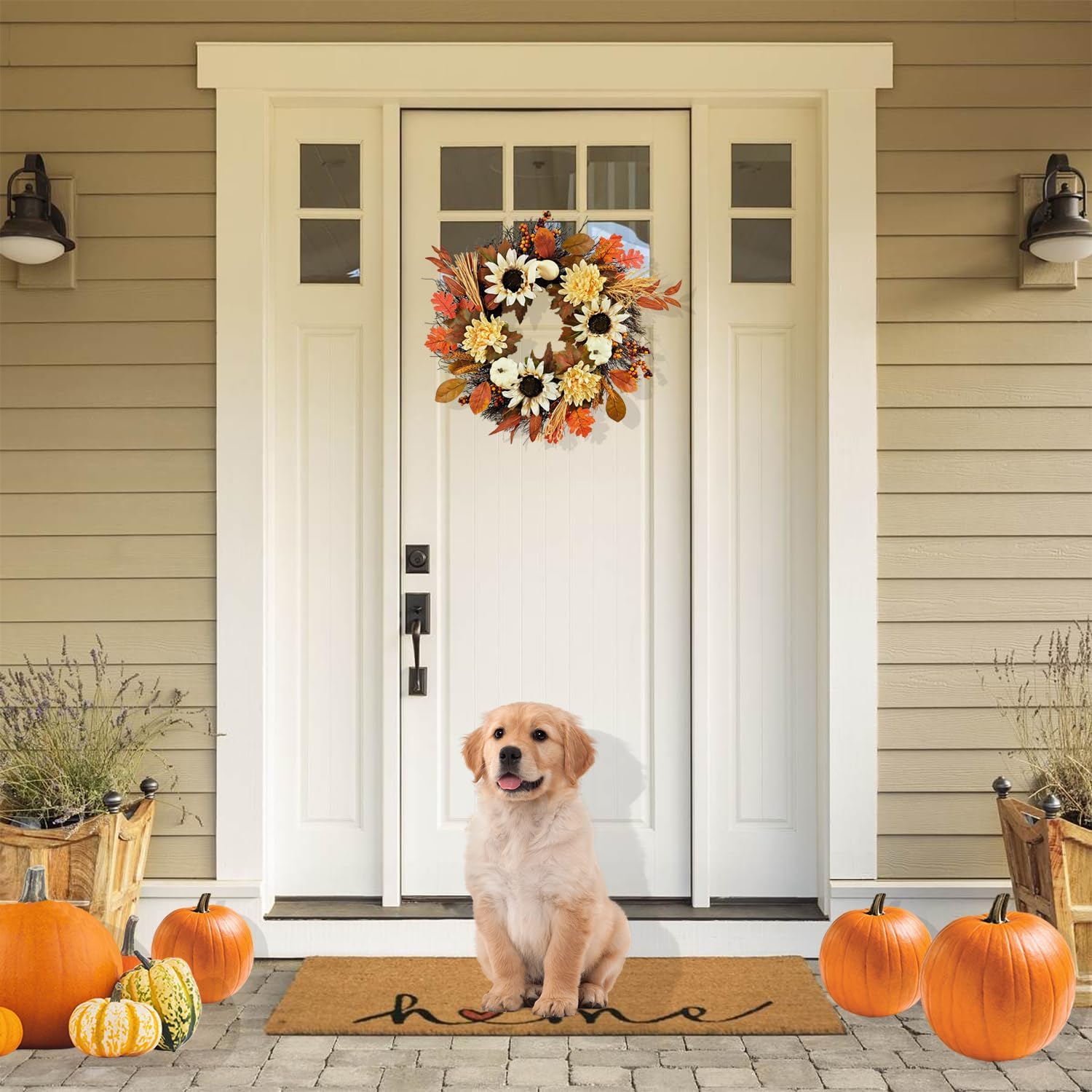 Coronas de otoño, hojas de arce, calabaza, girasol, corona de girasol, cosecha de Acción de Gracias, Halloween, hogar, exterior, ventana, decoración