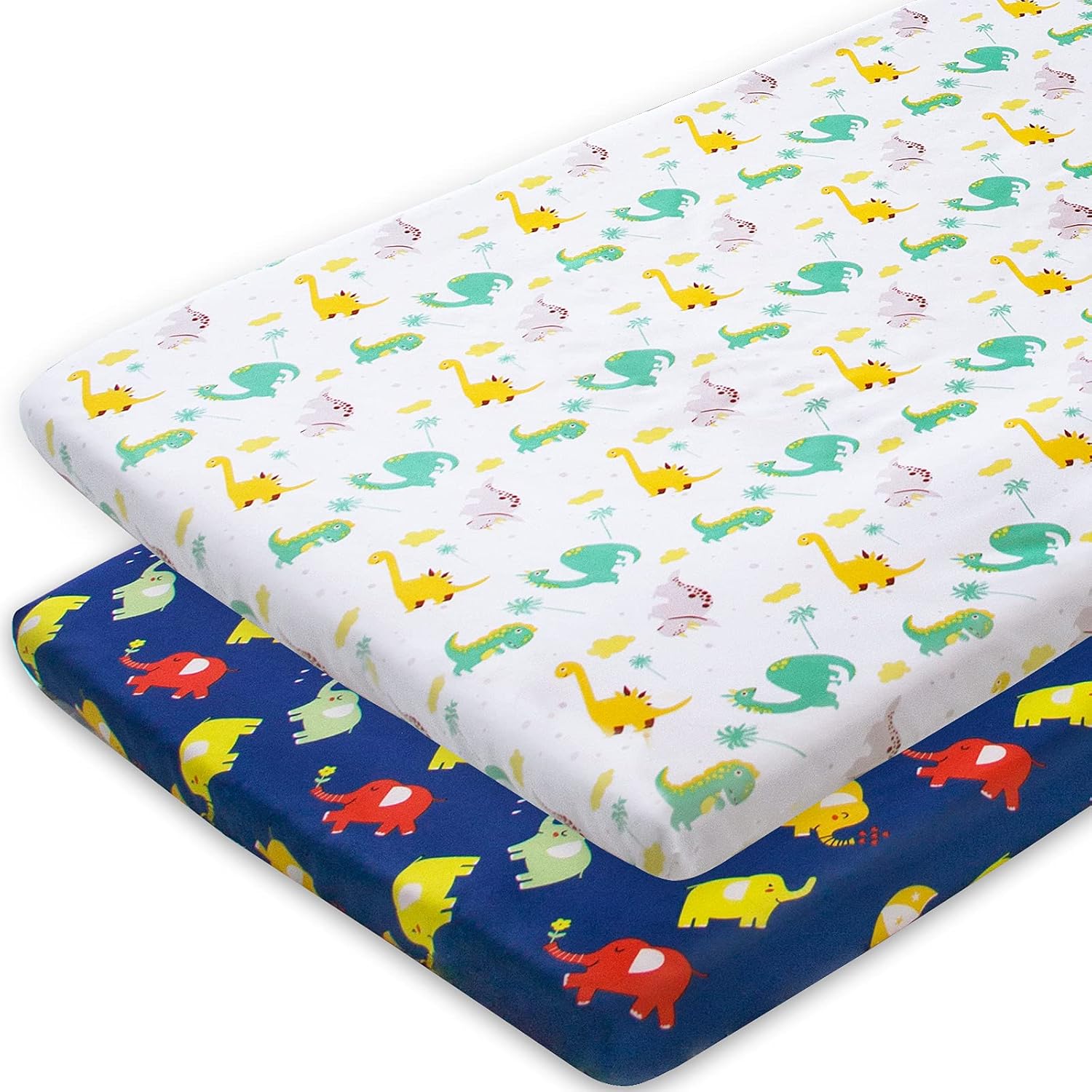 Pack and Play Sheets, paquete de 2 hojas compatibles con Graco Pack n PlayMini Crib, 100% microfibra suave y transpirable, elefante y dinosaurio