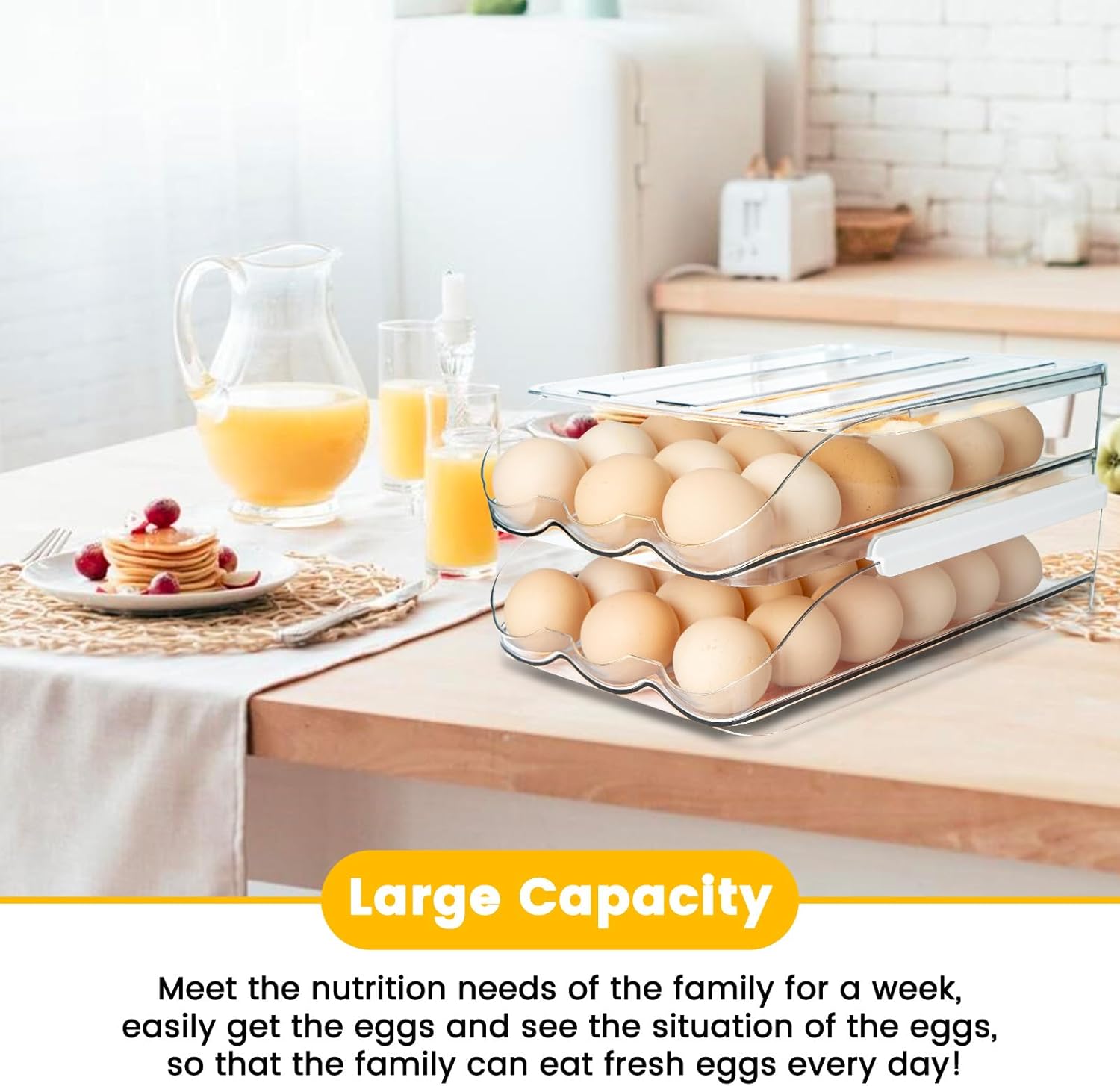 Soporte para huevos para refrigerador, contenedor de huevos rodante de gran capacidad para con tapa desmontable, cubos organizadores apilables para